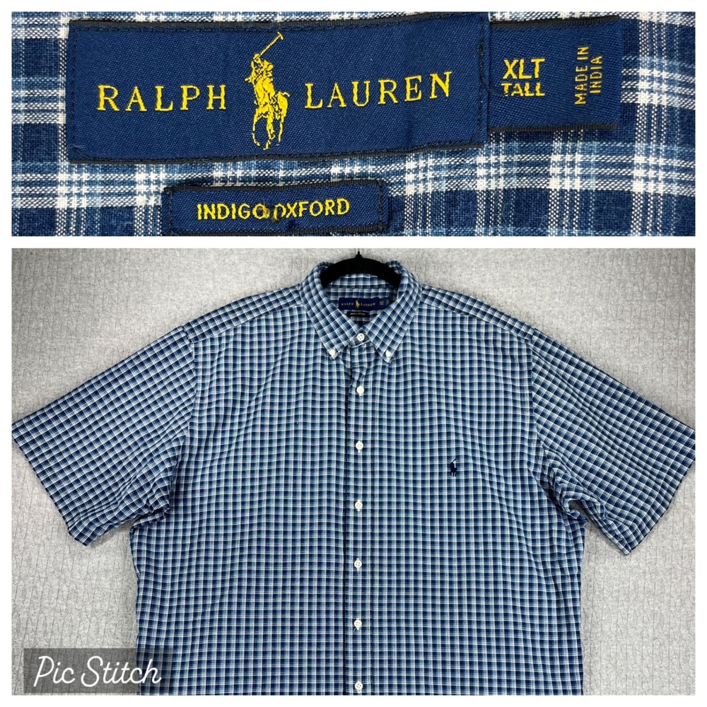 Ralph Lauren Shepherd check plaid‎ button Down Shirt Men XLT Blue Indigo Oxford